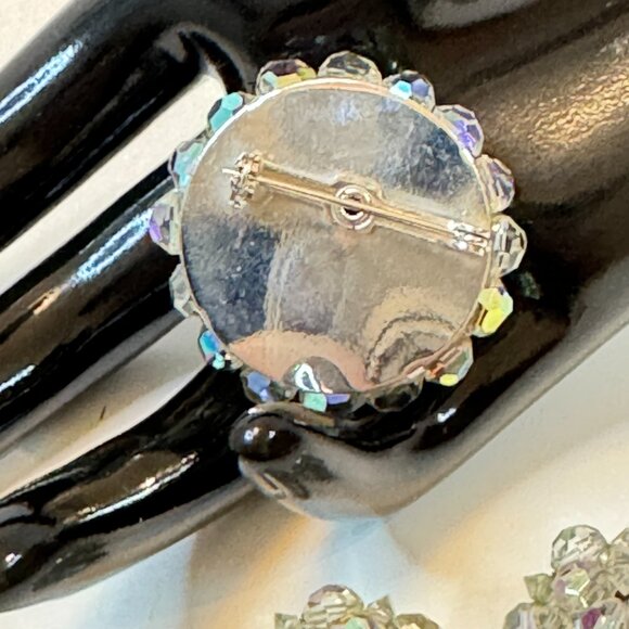 Vintage AB Aurora Borealis Glass Crystal Beads Brooch and Clip-on Earrings Set - Picture 4 of 4